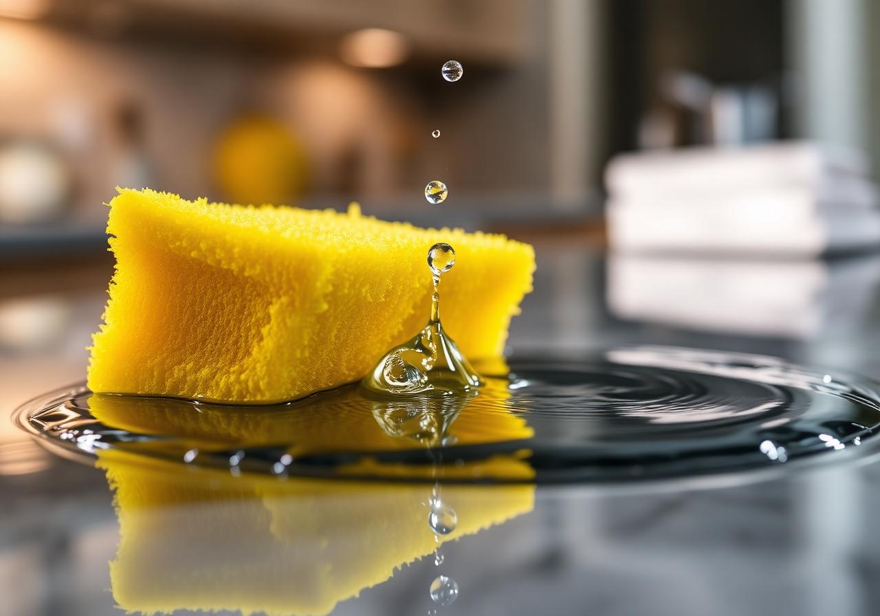 Sponge absorbing water on a countertop