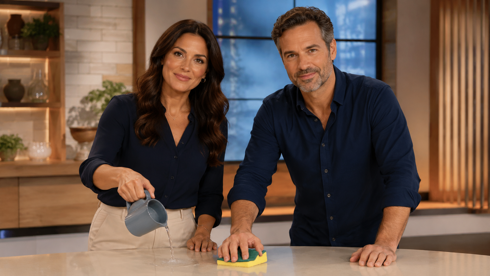 TV cooking show hosts demonstrating the istruduode sponge on a kitchen counter