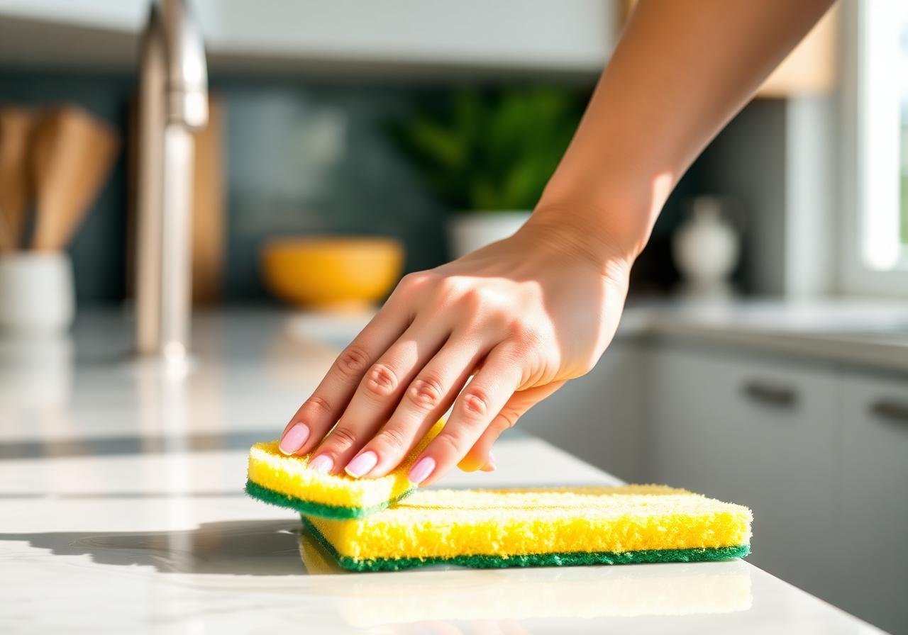Woman wiping a marble countertop