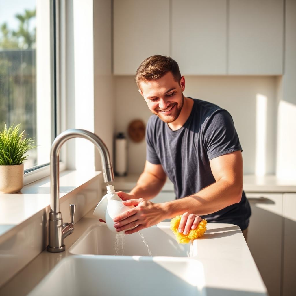 Man washing dishes at the sink